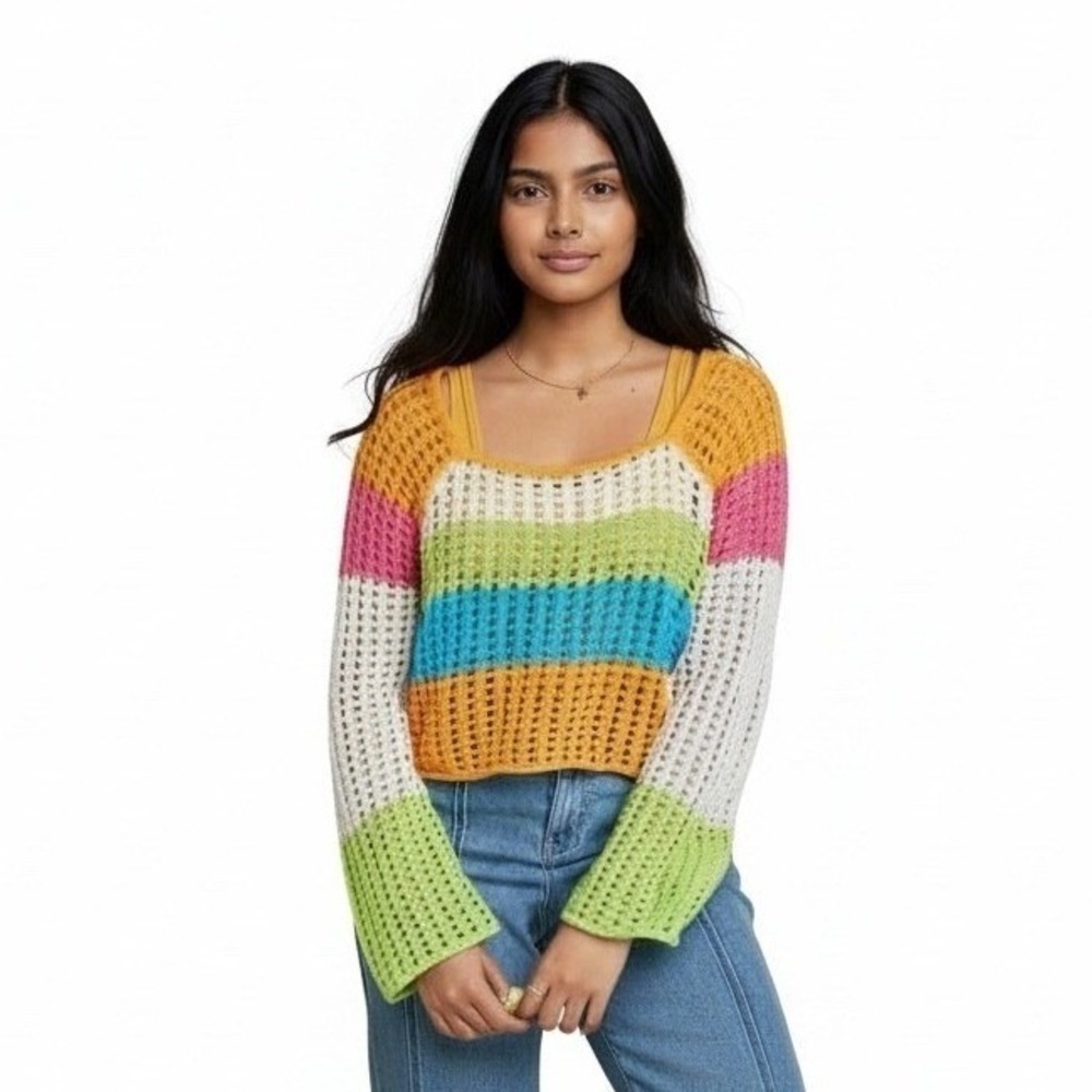 Wild Fable Cropped Crochet Sweater Size S Rainbow Striped Scoop Neck Festival